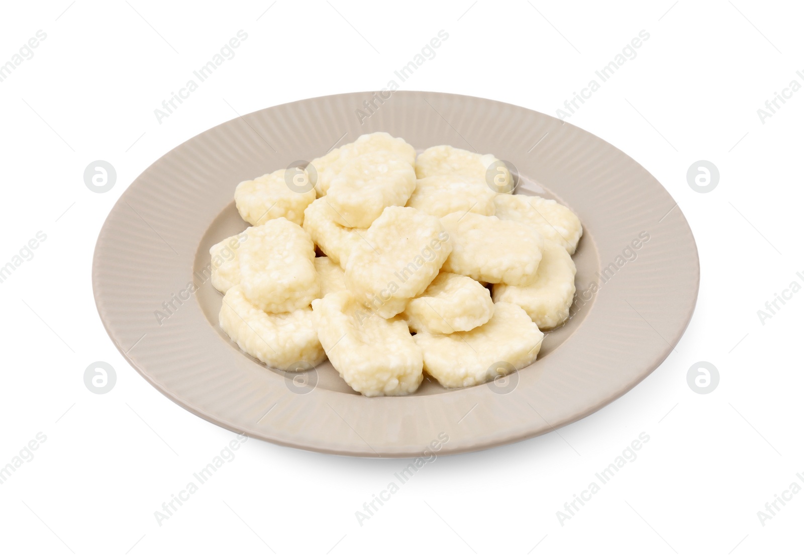 Photo of Plate of tasty lazy dumplings isolated on white