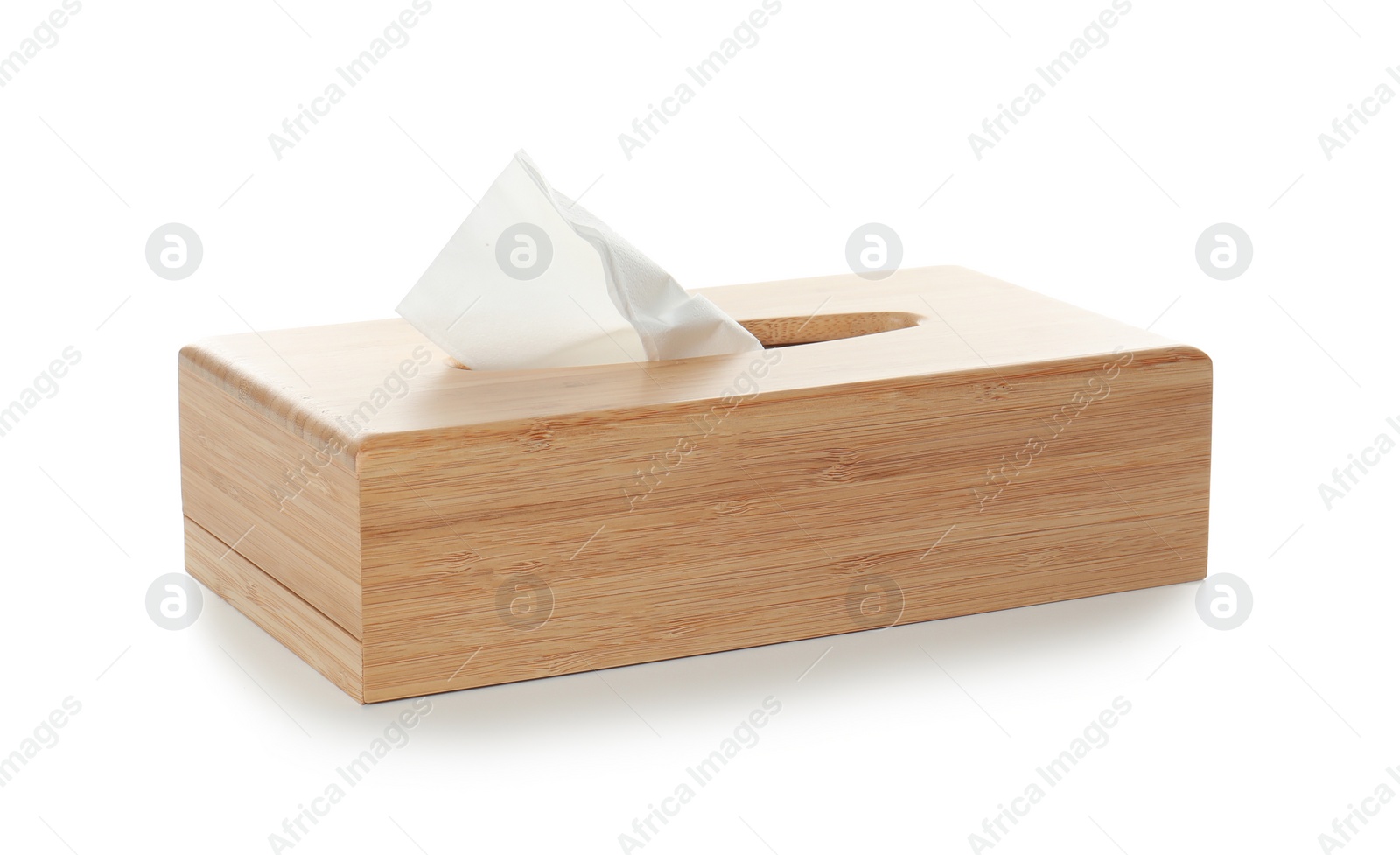 Photo of Wooden holder with paper napkins on white background