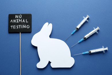 Photo of Signboard with text No Animal Testing, figure of rabbit and syringes on blue background, flat lay