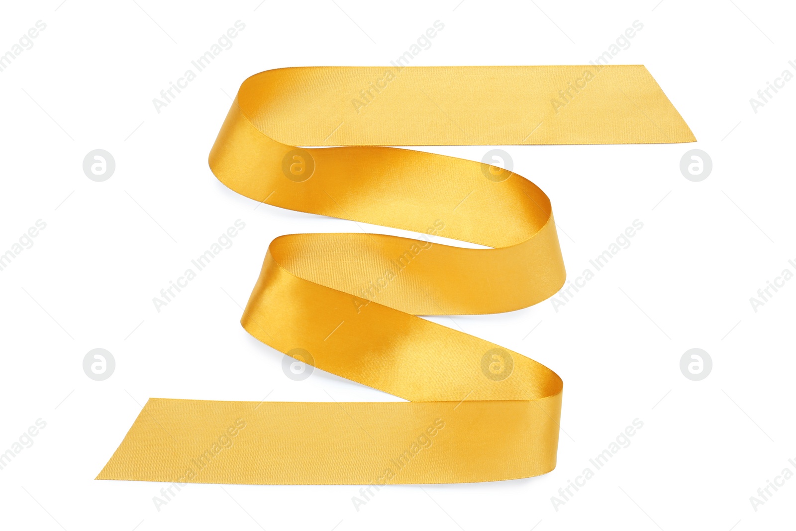 Photo of Beautiful golden ribbon isolated on white, top view