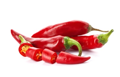 Photo of Fresh red chili peppers on white background