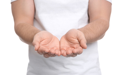 Photo of Man with open hands on white background, closeup