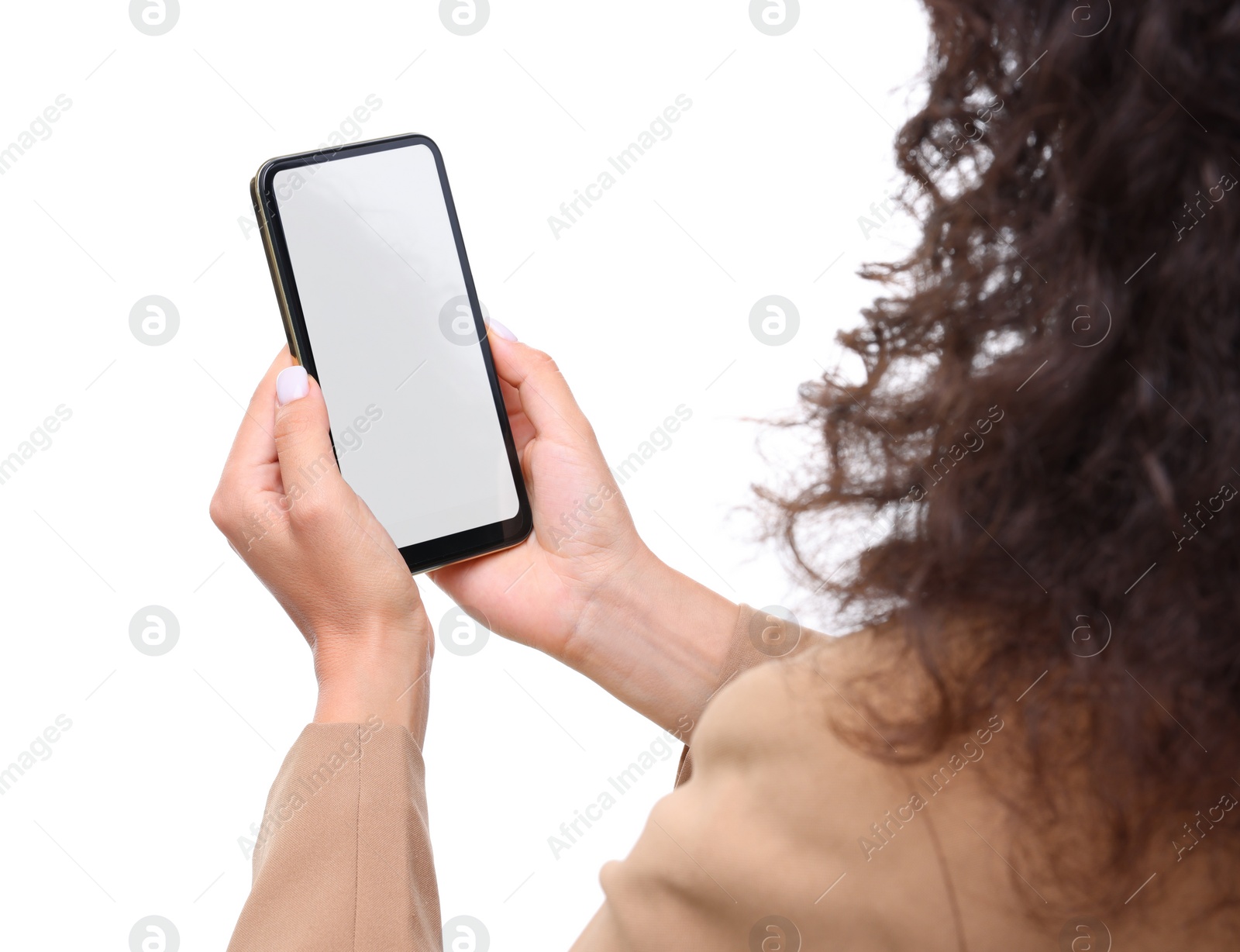 Photo of Woman holding smartphone with blank screen isolated on white, closeup. Mockup for design