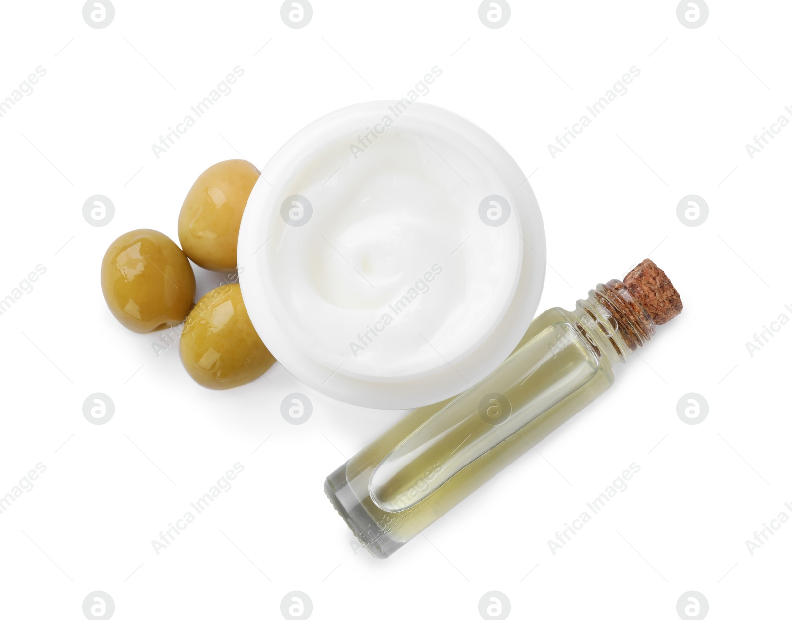 Photo of Body cream and cosmetic product with olives on white background, top view