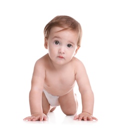 Photo of Cute little baby crawling on white background