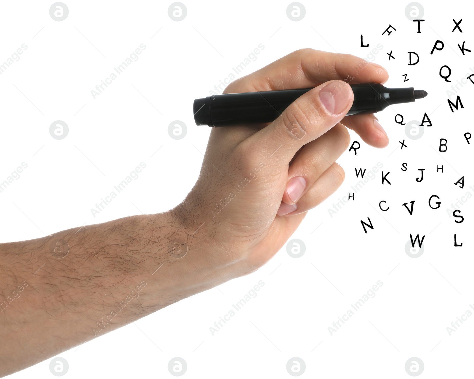 Image of Man writing letters and they flying away on white background, closeup