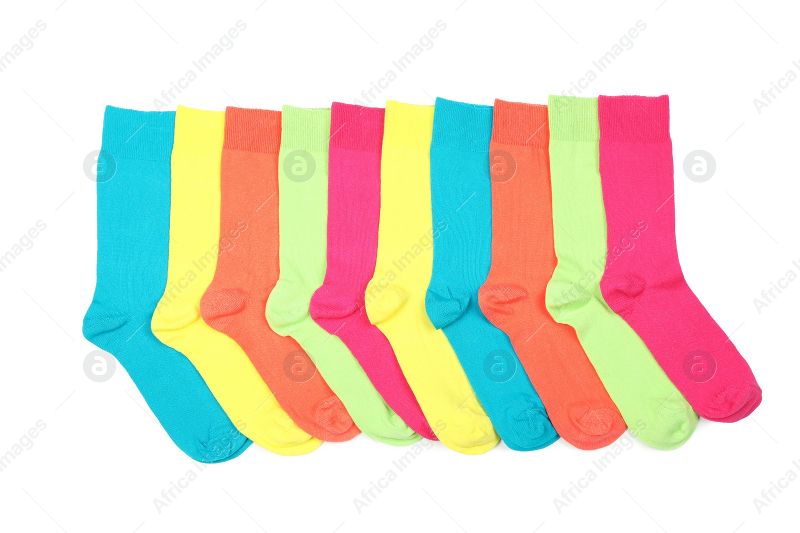 Photo of Flat lay composition with different colorful socks on white background