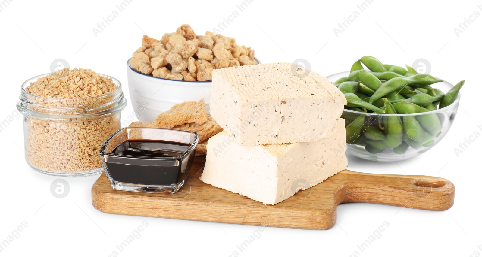 Photo of Different organic soy products on white background