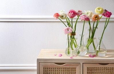 Photo of Beautiful ranunculus flowers on wooden commode near wall in room. Space for text