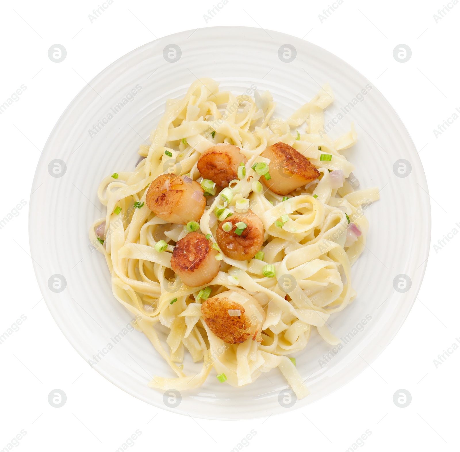 Photo of Delicious scallop pasta with onion isolated on white, top view