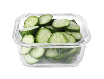 Glass container with fresh cut cucumbers isolated on white