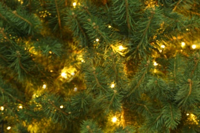 Photo of Blurred view of glowing bright fairy lights on Christmas tree