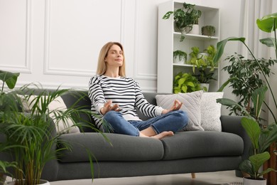 Woman meditating on sofa surrounded by beautiful potted houseplants at home