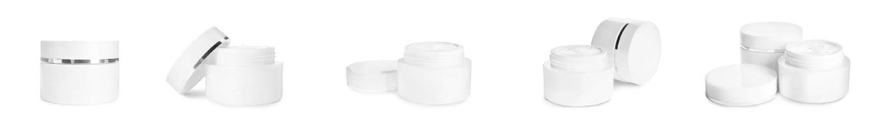 Set of jars with facial cream on white background. Banner design 