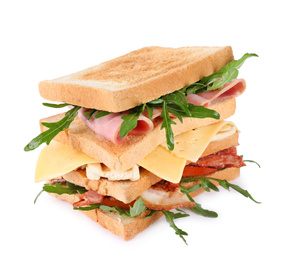 Photo of Tasty sandwich with chicken, ham and bacon isolated on white