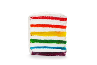 Photo of Slice of delicious rainbow cake on white background