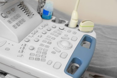 Ultrasound control panel in hospital, closeup. Medical equipment