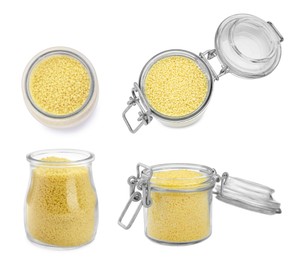 Image of Collage with raw couscous in glass jars on white background, top and side views