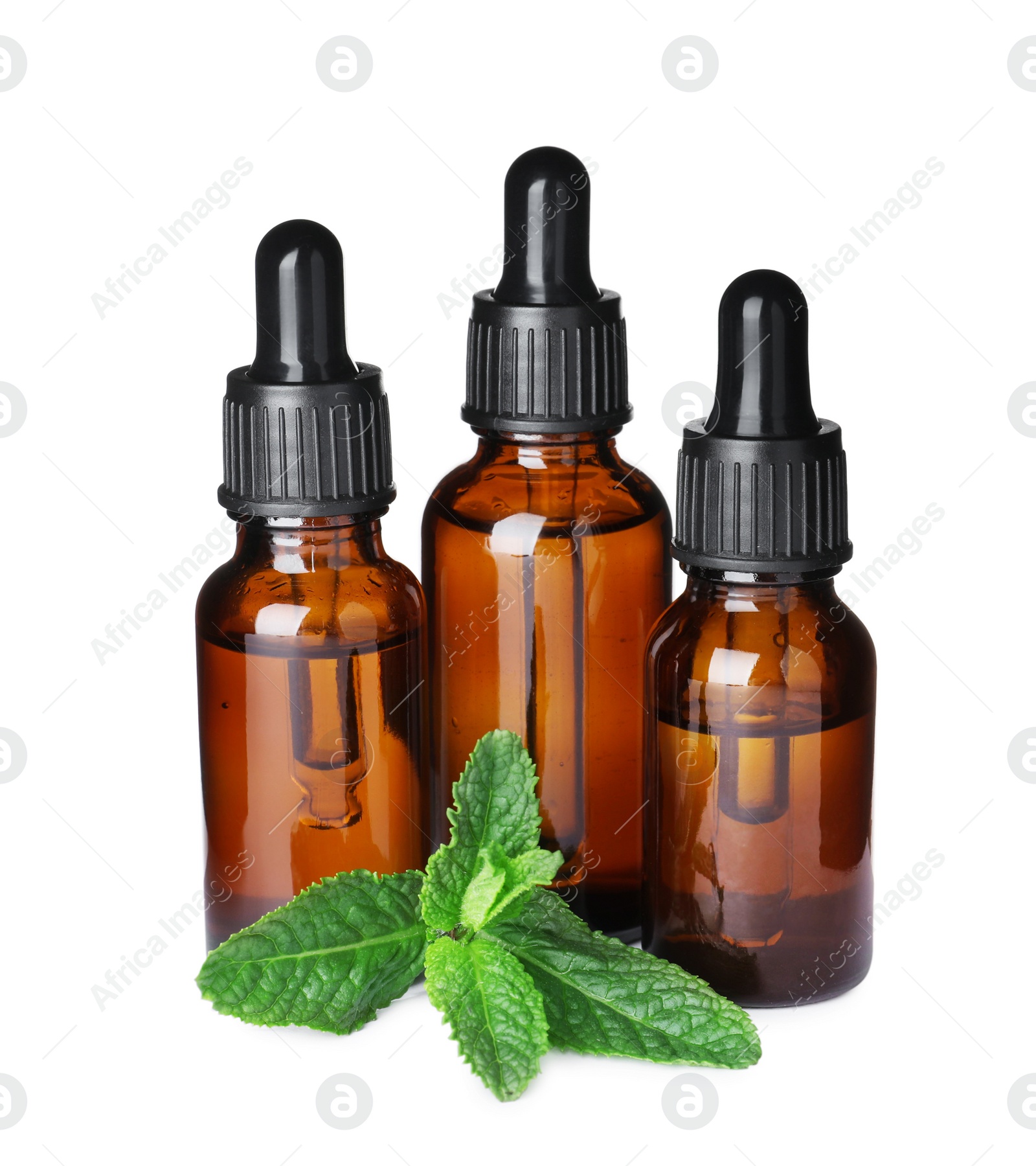 Photo of Different bottles of essential oils and mint on white background