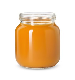 Photo of Baby food. Tasty healthy puree in jar isolated on white