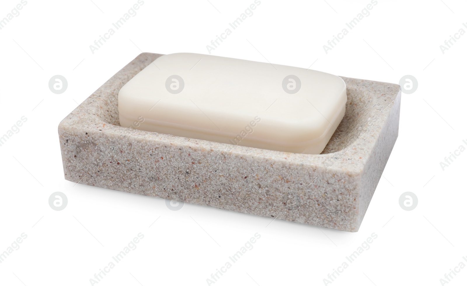 Photo of Holder with soap bar on white background