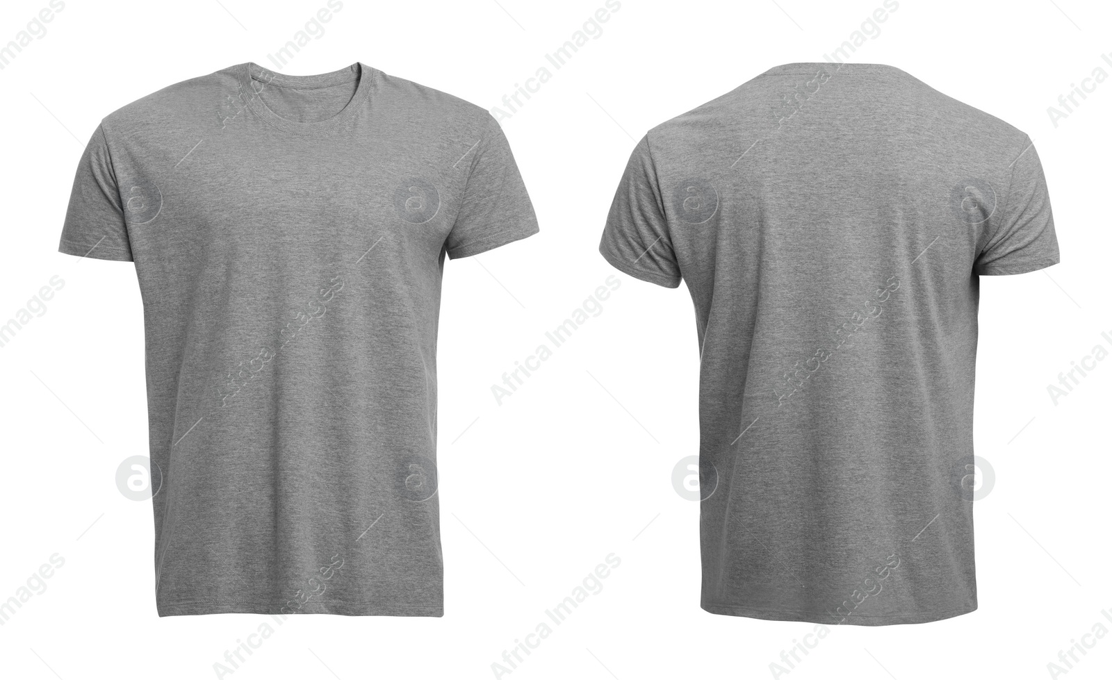 Image of Stylish gray t-shirt on white background, front and back views. Space for design