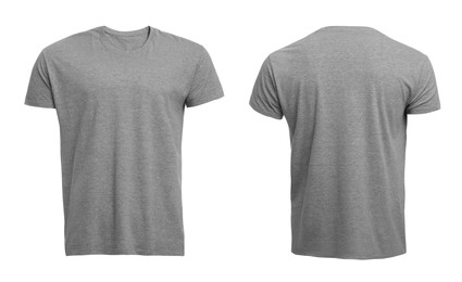 Image of Stylish gray t-shirt on white background, front and back views. Space for design