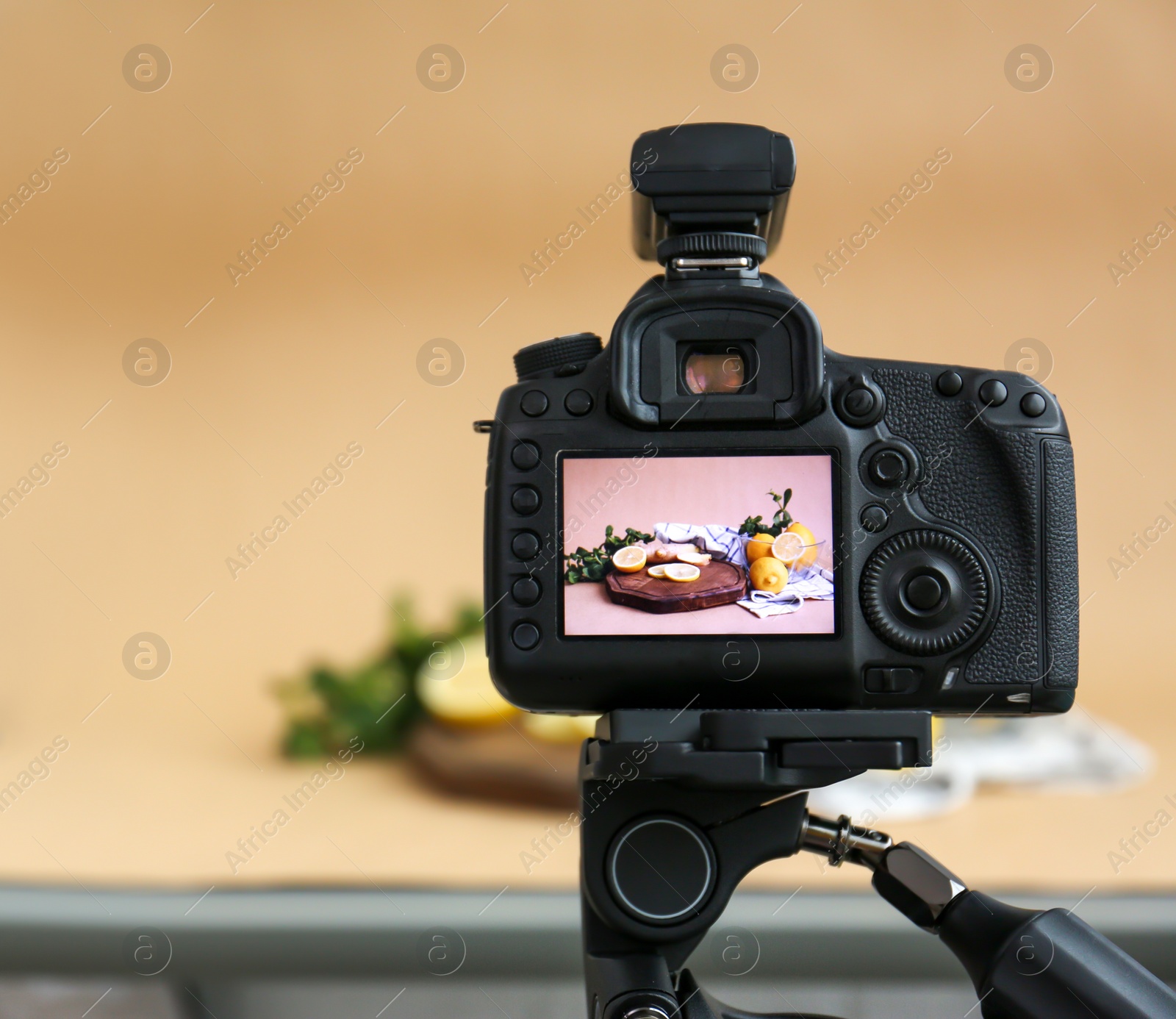 Photo of Professional camera with picture of cut lemons, mint and ginger on display in studio. Food photography