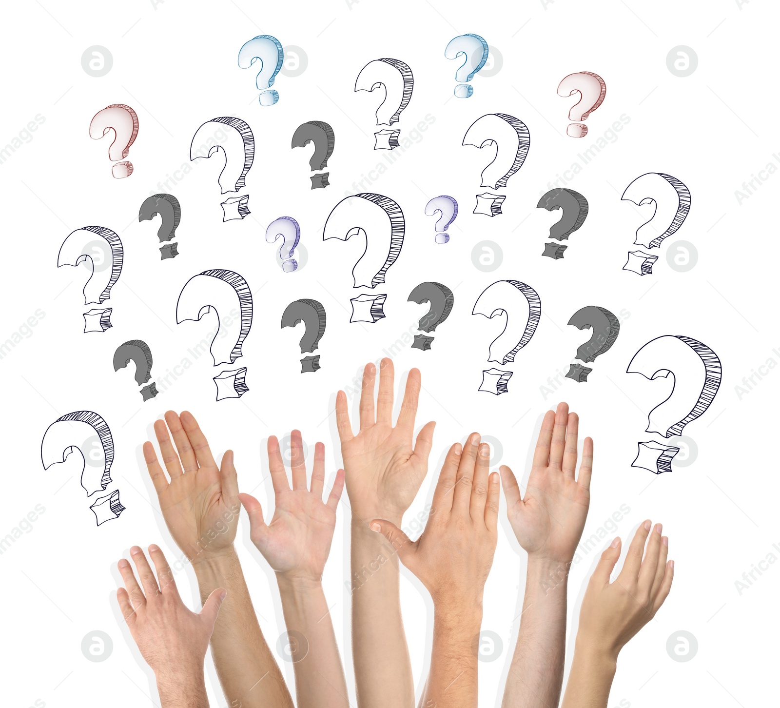 Image of Collage of people raising hands and question marks on white background, closeup