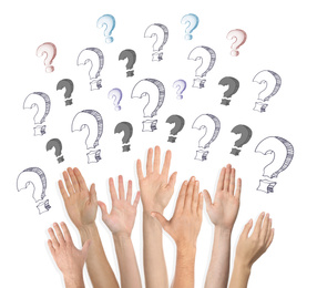 Image of Collage of people raising hands and question marks on white background, closeup