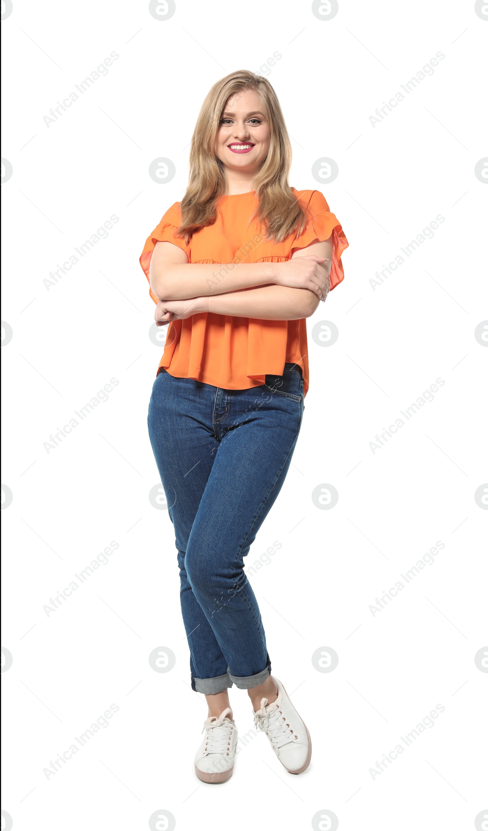 Photo of Attractive young woman in stylish outfit on white background