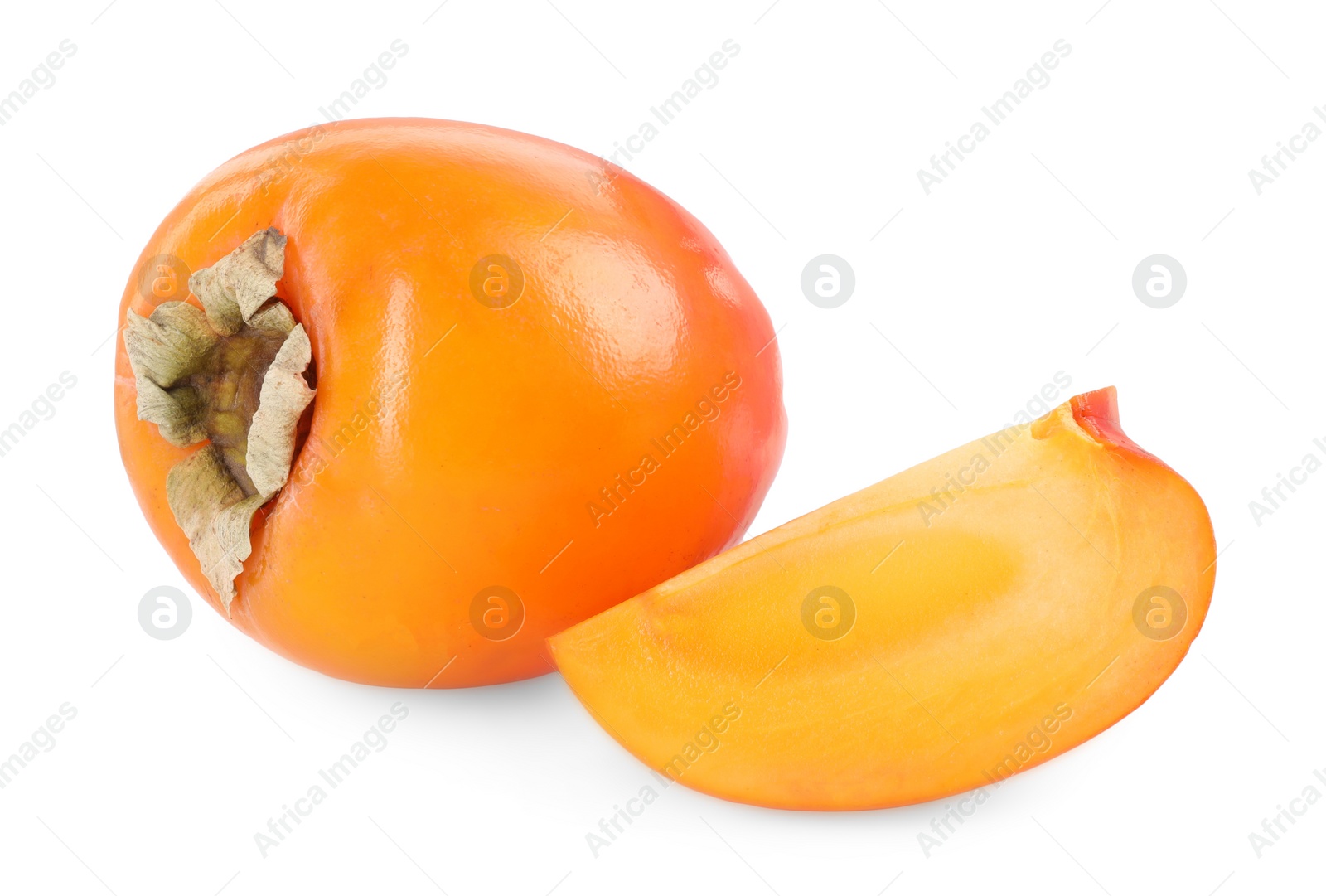 Photo of Whole and cut persimmon fruit isolated on white