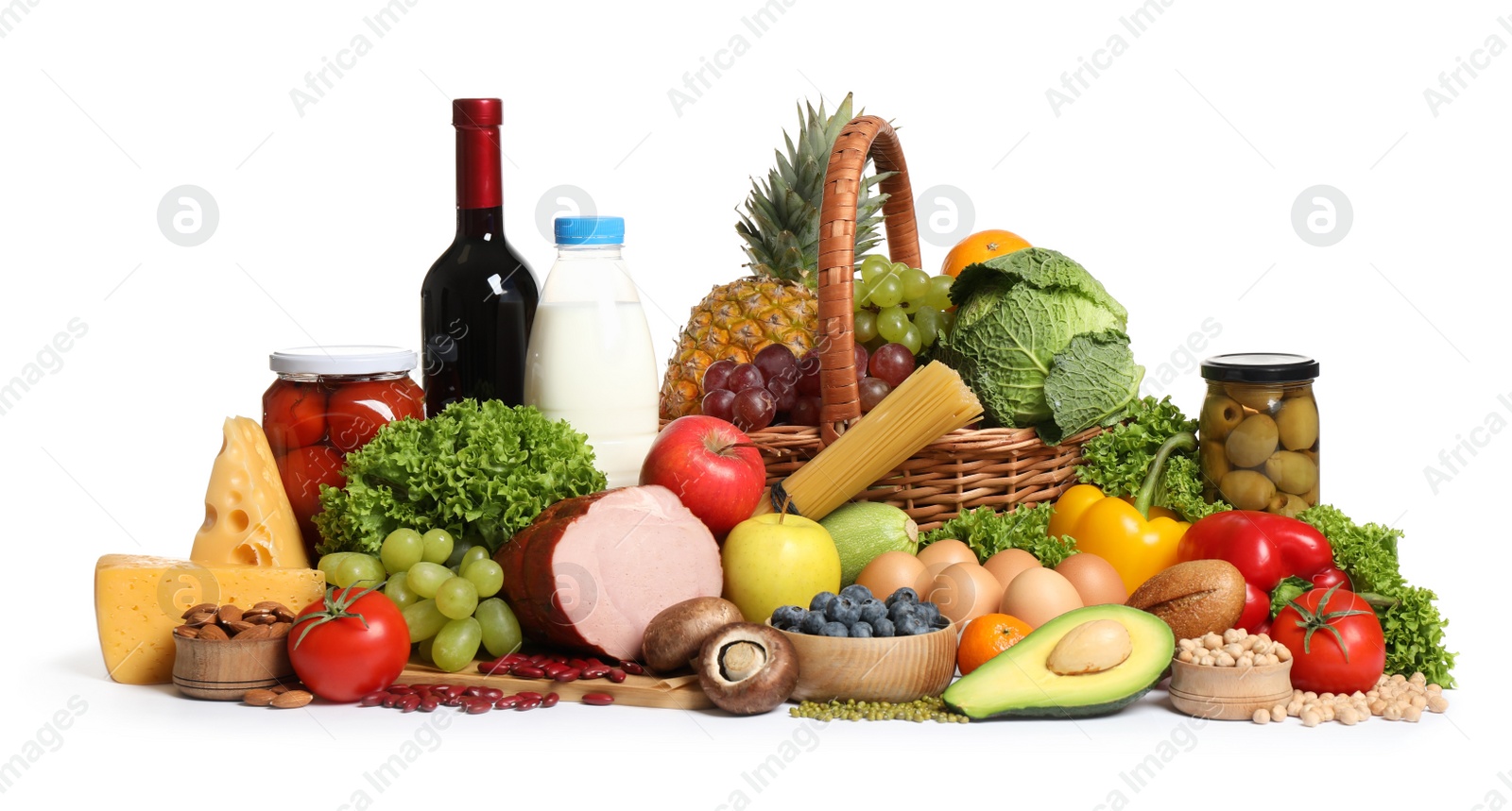 Photo of Different food products on white background. Balanced diet