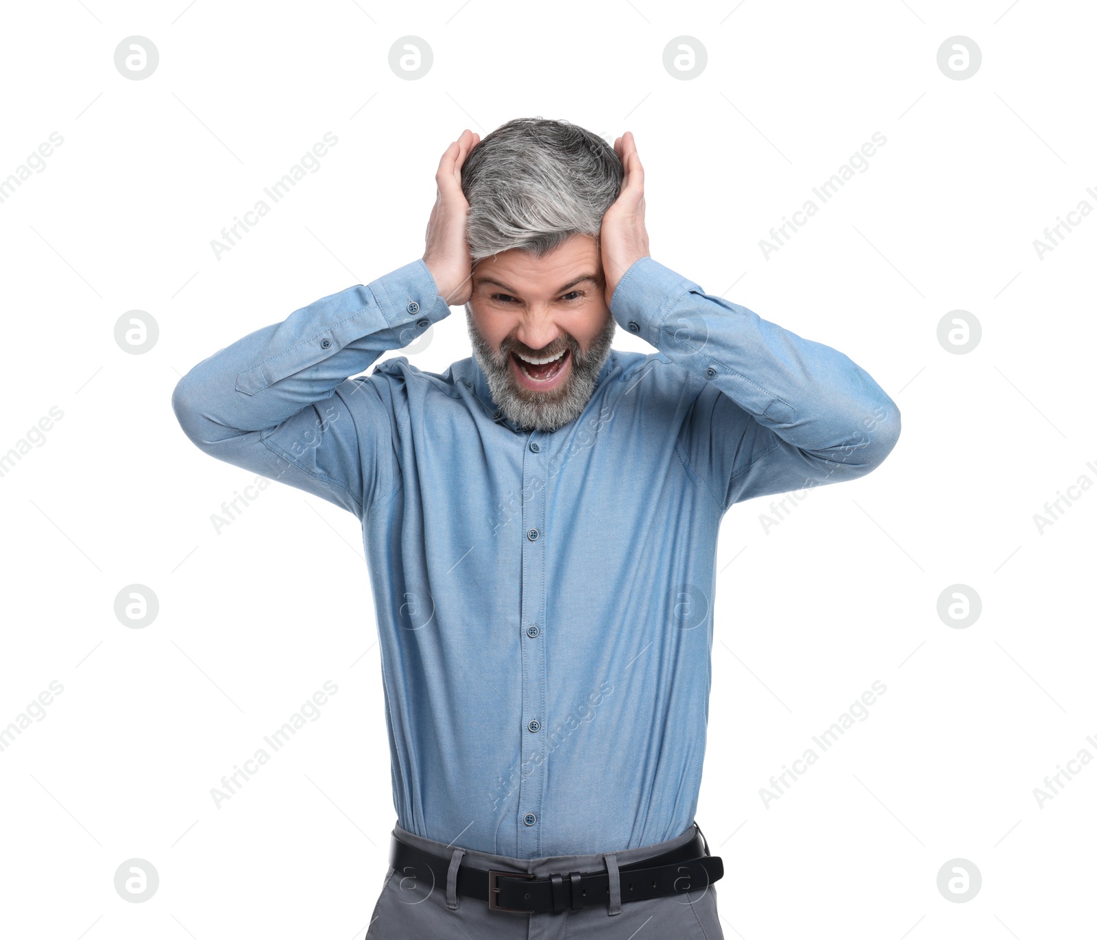 Photo of Mature businessman in stylish clothes posing on white background