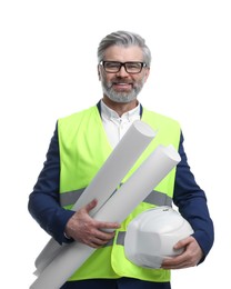 Photo of Architect with hard hat and drafts on white background