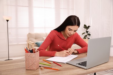 Happy woman drawing picture at online art lesson indoors. Distant learning