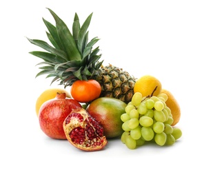 Photo of Set of fresh tropical fruits on white background