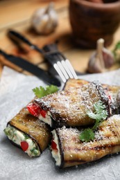 Delicious fried eggplant rolls with cheese, tomatoes and parsley on paper, closeup