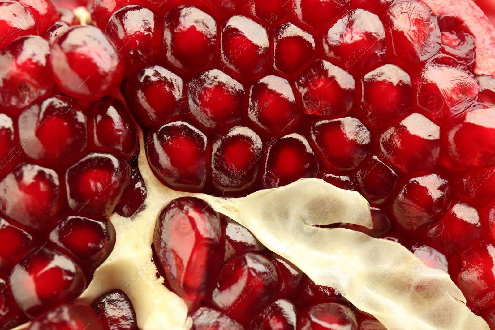 Photo of Ripe juicy pomegranate grains as background, closeup