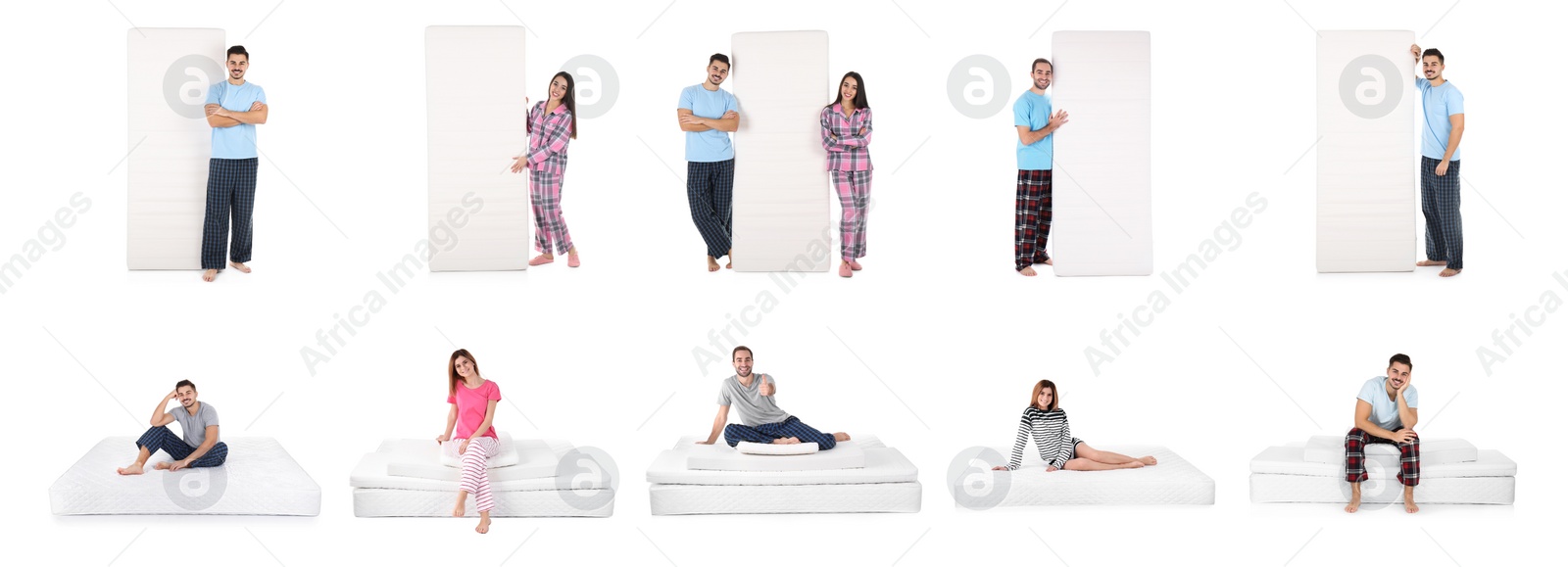 Image of Collage with photos of people and mattresses on white background. Banner design