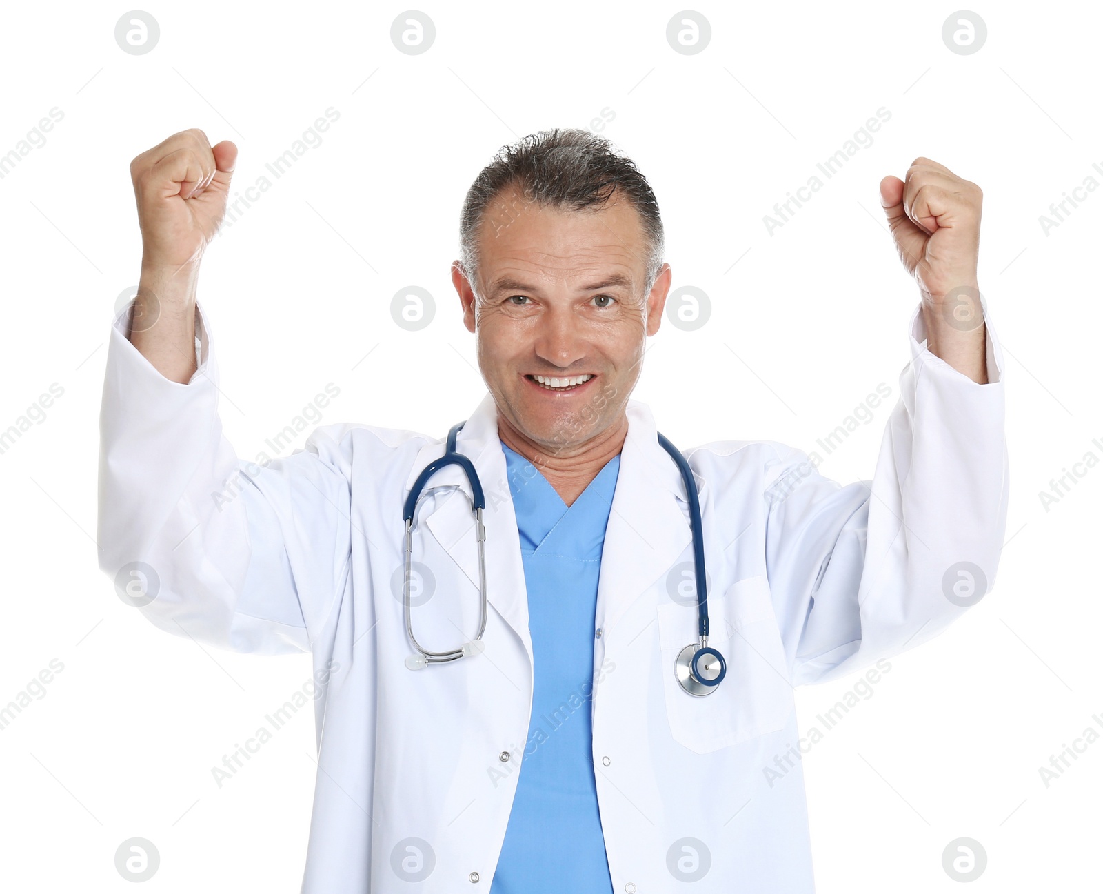 Photo of Portrait of experienced doctor in uniform on white background. Medical service