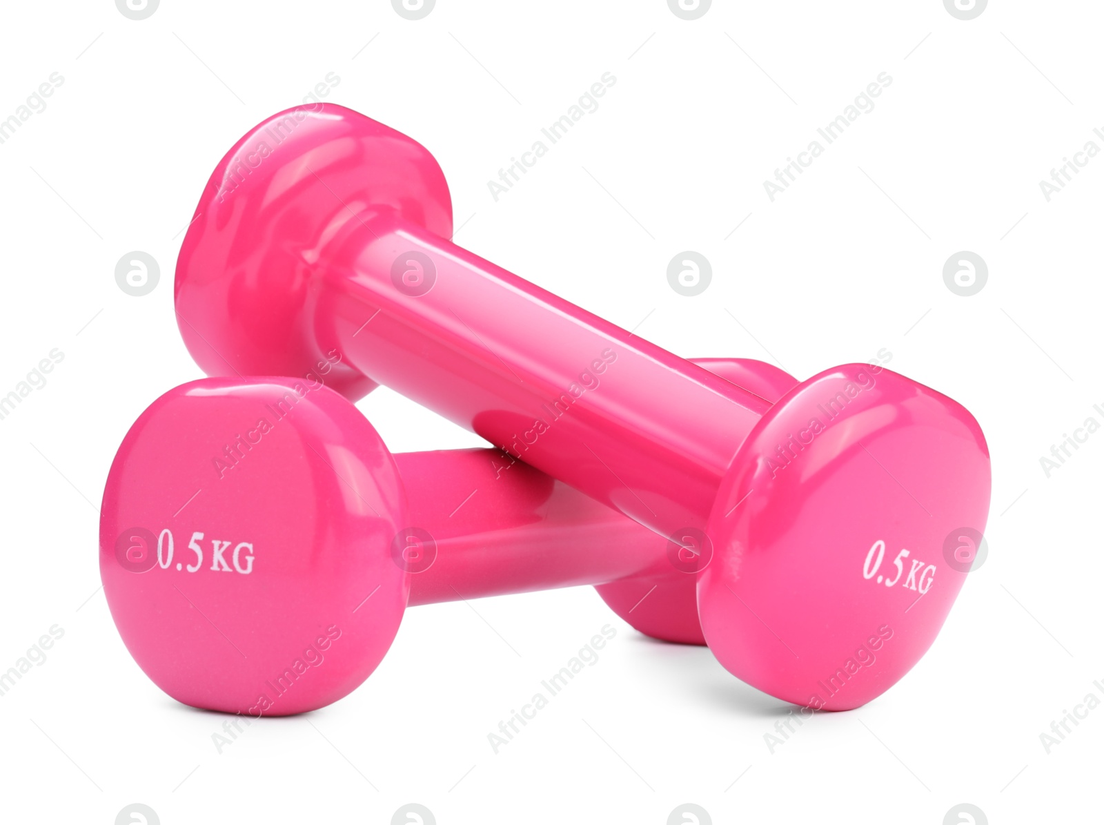 Photo of Pink dumbbells isolated on white. Sports equipment