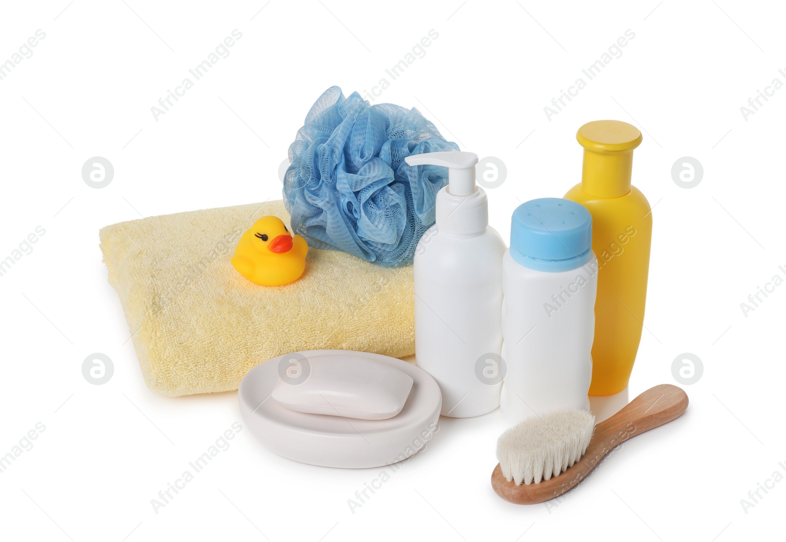 Photo of Baby cosmetic products, bath duck, brush and towel isolated on white