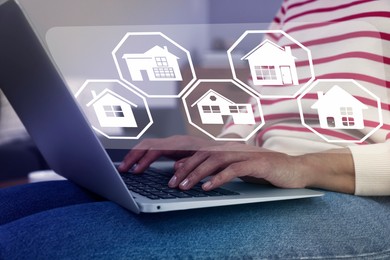 Image of House search. Woman choosing home via laptop indoors, closeup. Illustrations of different buildings as real estate variations