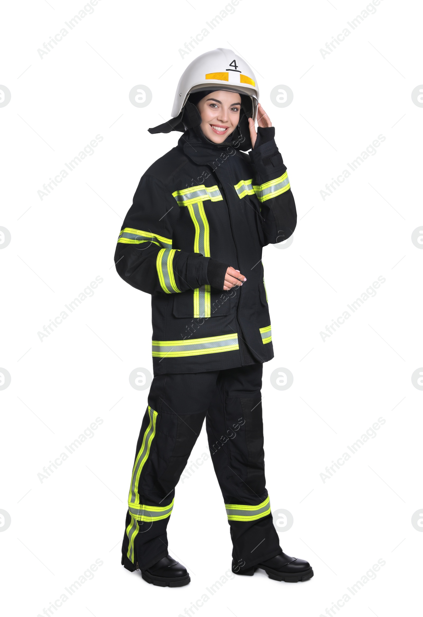 Photo of Full length portrait of firefighter in uniform and helmet on white background