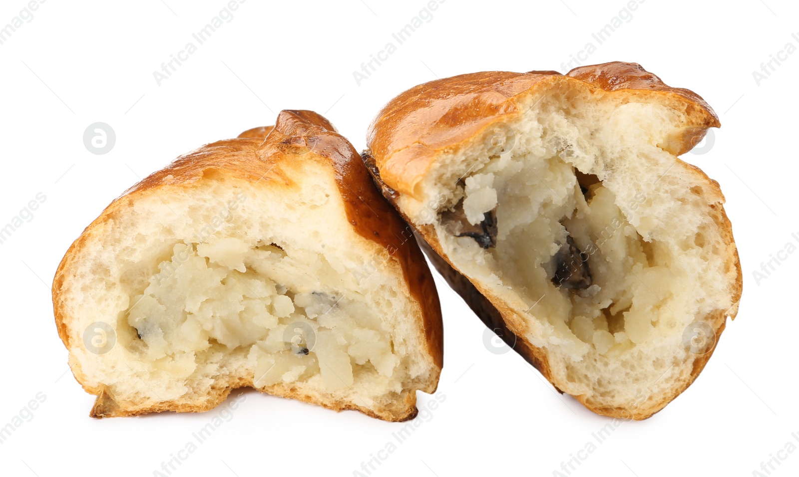 Photo of Delicious baked patty with potato and mushrooms on white background