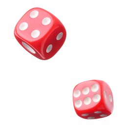 Image of Two red dice in air on white background