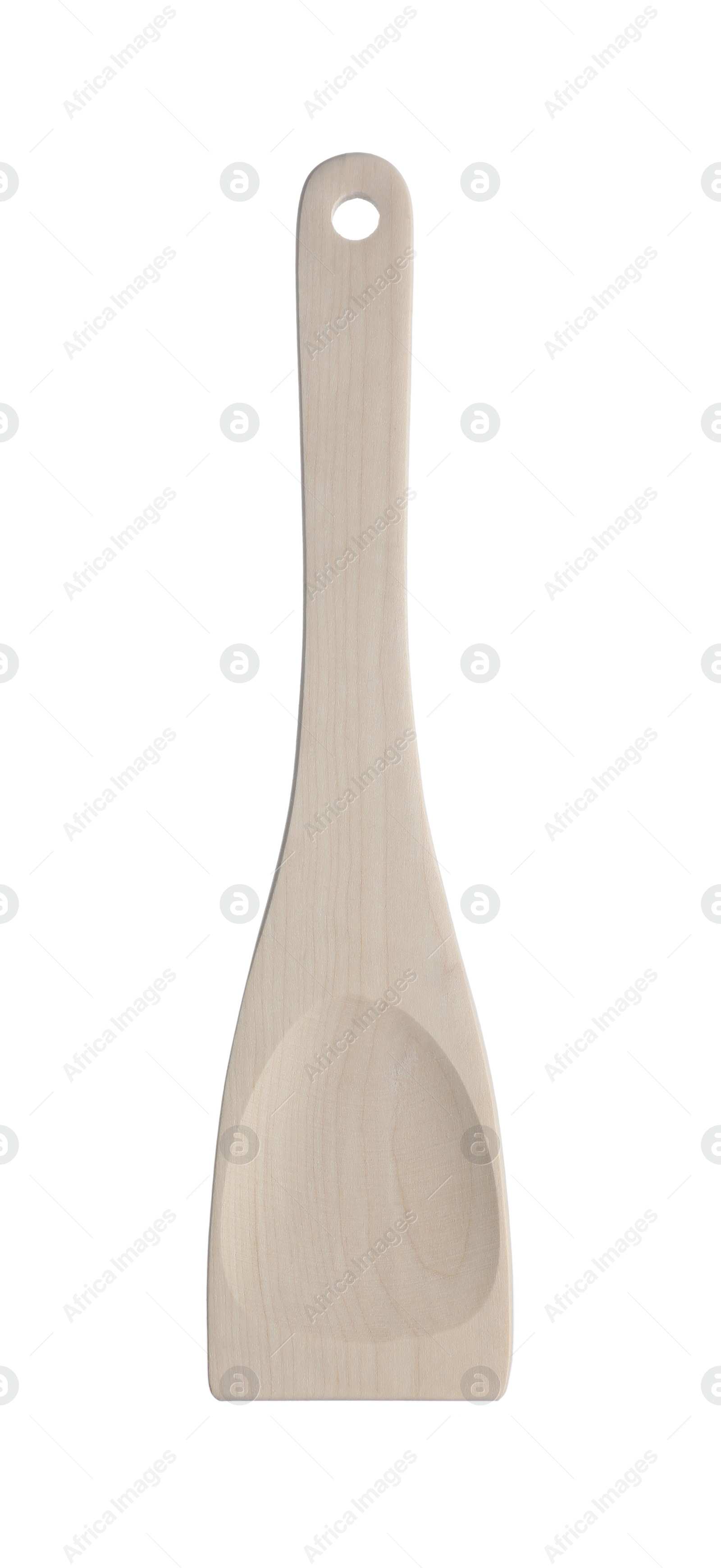 Photo of One wooden spatula isolated on white. Kitchen utensil