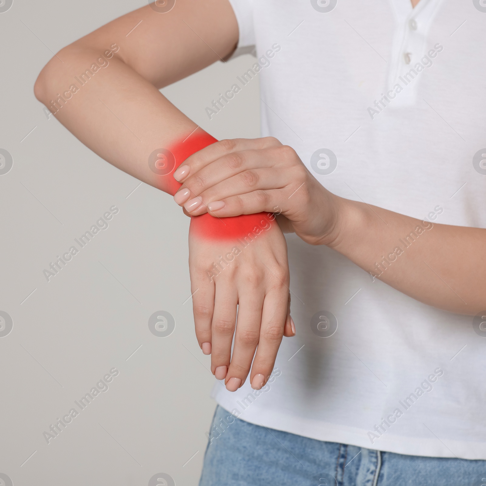 Image of Woman suffering from rheumatism on light background, closeup