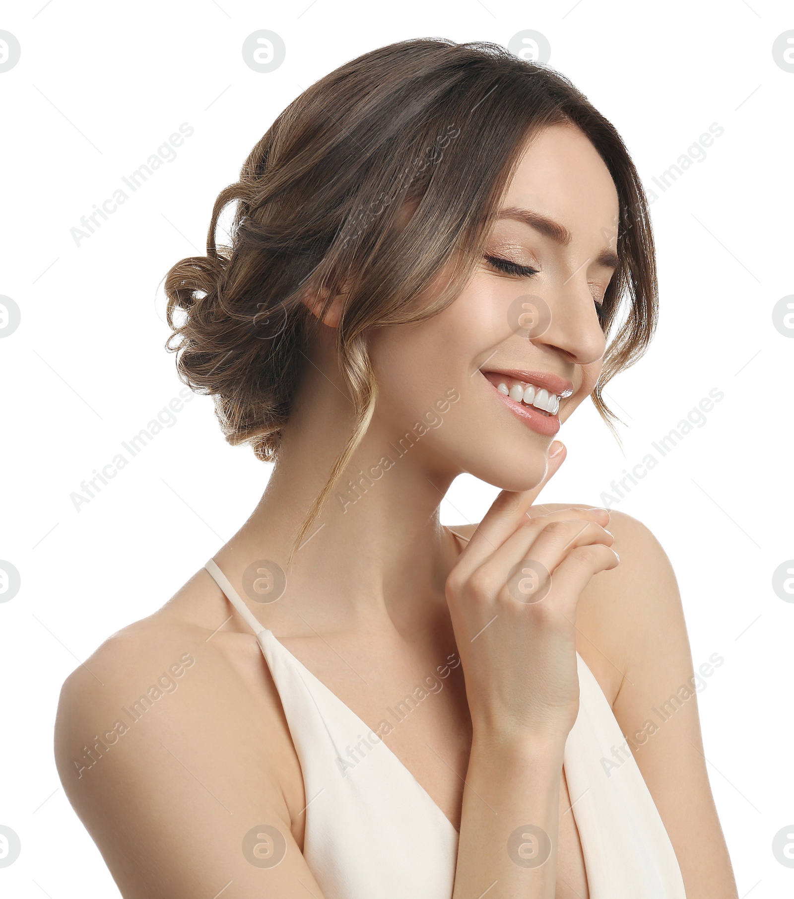 Photo of Young woman with beautiful hairstyle on white background